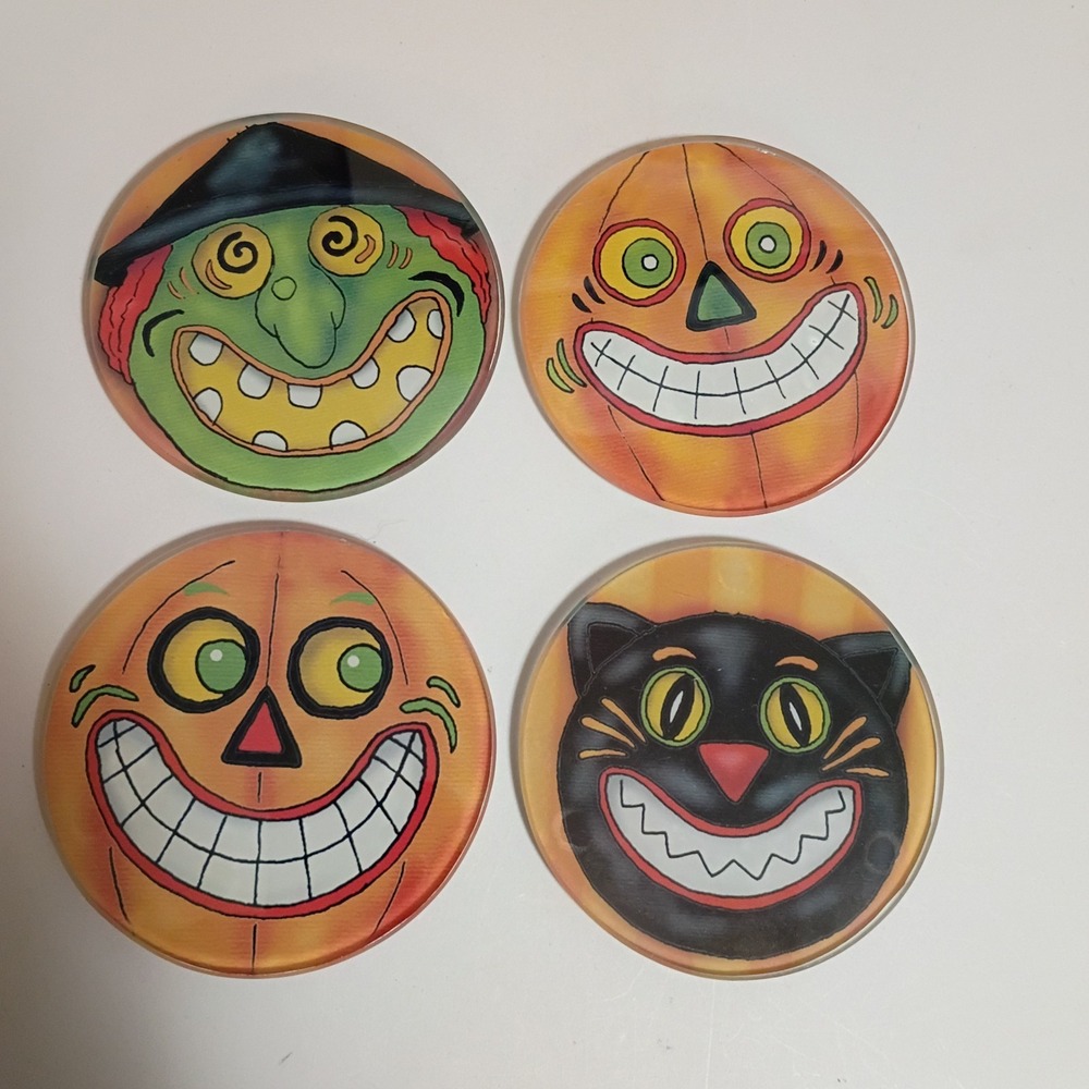 Halloween Glass Coasters Set Witch Cat Pumpkin Shabby Chic